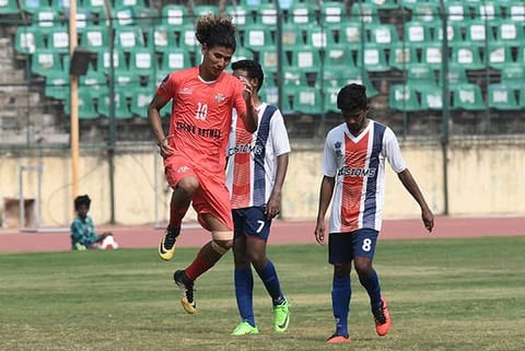 Viva Chennai?s Kimi Zhimomi (left) celebrates after scoring a goal against Chennai Customs