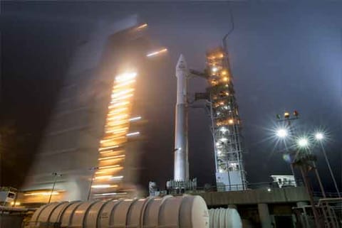 The mobile service tower at SLC-3 is rolled back to reveal the Atlas-V.(NASA)