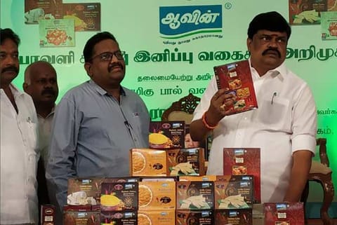 Dairy Minister K T Rajenthra Bhalaji introduces the new products at a press meet in Chennai