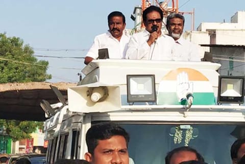 DMK former minister KN Nehru and Congress candidate Su Thirunavukkarasar campaigning in Tiruchy on Monday