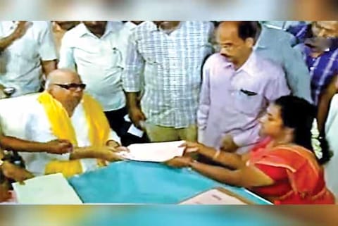 File photo of MK filing his papers for Tiruvarur in 2016