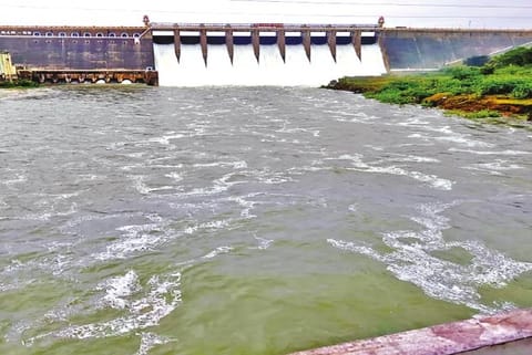 Heavy discharge being made from Bhavani Sagar dam as it reached full storage level again on Monday