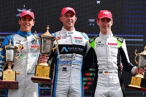 Dylan Young (centre) flanked by second-placed Manaf Hijjawi (left) and third-placed David Schumacher