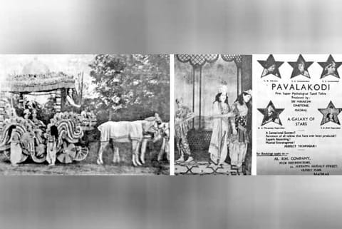 Scenes from Pavalakodi, a mythological drama, that was a milestone in Tamil cinema; poster of the film