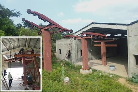 Machinery atop the hill to haul the gondolas; (Inset) base station of the rope car project