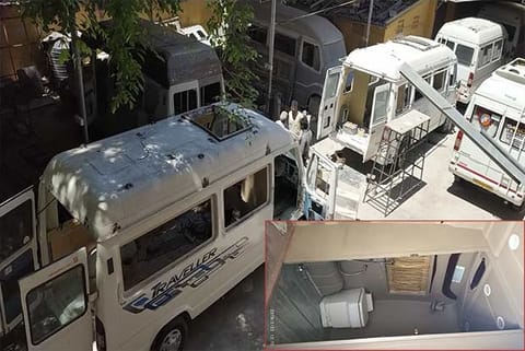 The vehicles being re-modelled in Coimbatore; (inset) Furnished toilets in the vehicle