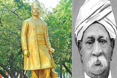 Statue of the Raja of Panagal and (right) Theagaraya Chetty