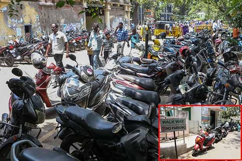 Two-wheelers are parked haphazardly on the Secretariat campus; (Inset) the no-parking rules is often flouted