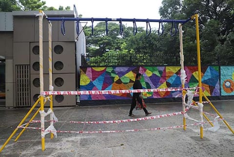 Monkey bars installed outside a school on the pedestrian plaza in T Nagar