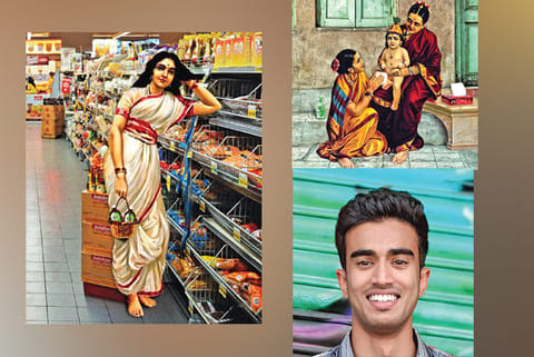 Rahul (bottom right) and Ravi Varma paintings