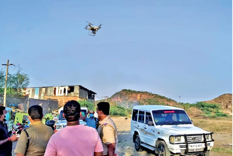 A drone camera scanning the hill, farmlands and lakebeds in Tiruneermalai and Anakaputhur