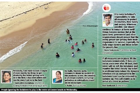 People ignoring the lockdown to play in the water at Ennore beach on Wednesday