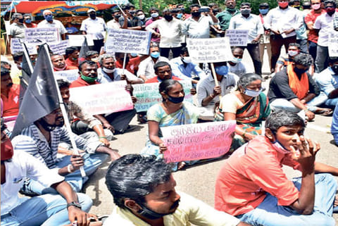 Members of pro-Tamil outfits protesting in front of the armoury gate of Golden Rock Railway Workshop