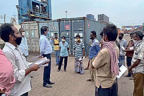 PESO officials give instructions to drivers of last-batch container trucks shifting explosive grade