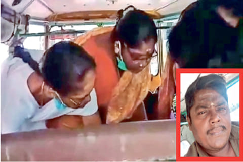 Medical staff assisting the delivery of a woman in an auto in Pollachi; (inset) driver Vellingiri