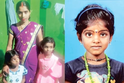Sisters Ramya (4) and Rohini (6) with their mother; (r) Sadhana (5)
