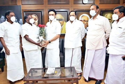 Puducherry CM V Narayanasamy made courtesy call on DMK chief MK Stalin at Anna Arivalayam