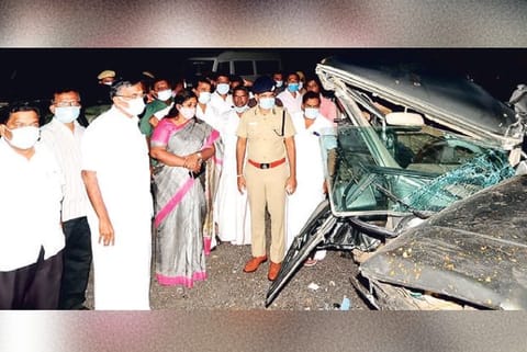 Higher Education Minister KP Anbalagan inspecting the accident spot late on Saturday