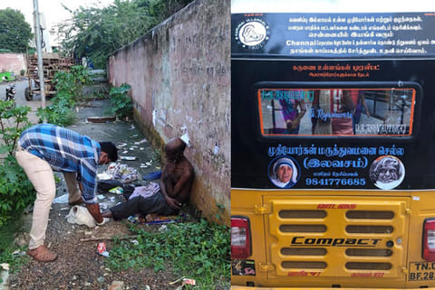 So far, Arul Raj has rescued 400 homeless people; (right) Arul?s autorickshaw