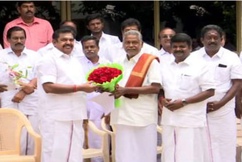 Health Minister C Vijaya Basker and farmers meet Chief Minister Edappadi K Palaniswami on Tuesday