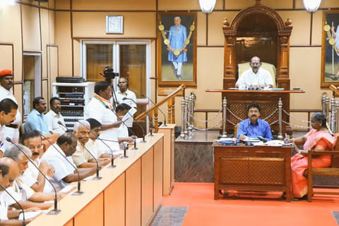 Chief Minister V Narayanasamy speaking at the Puducherry Assembly on Wednesday