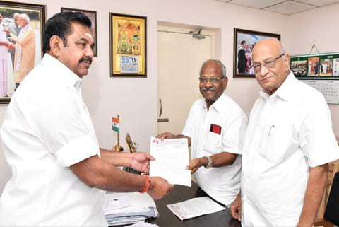 CPM Rajya Sabha MP TK Rangarajan and CITU state president A Soundararajan call on CM in Chennai on Sunday