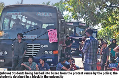 Students being herded into buses from the protest venue by the police; the students detained in a block