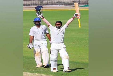 Abhinav Mukund celebrates his century on his 100th Ranji Trophy appearance