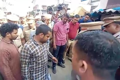 Abdul Sameem and Thoufeeq being brought to the crime scene at Kaliyakkavilai amid tight security on Saturday
