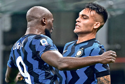 Lautaro Martinez (right) celebrates his goal with Romelu Lukaku