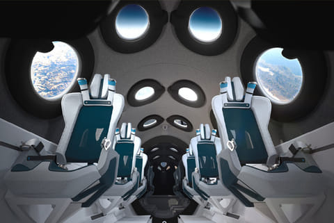 A computer rendering shows the seat configuration for the SpaceShipTwo passenger cabin
