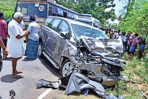 The mangled remains of a car that was involved in an accident in Salem district on Wednesday