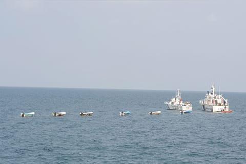 The Indian Coast Guard ship towing the seven Sri Lankan boats gone adrift off Katchatheevu