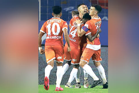 Goa players celebrate their second goal