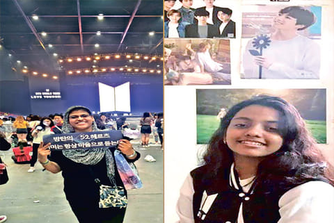 Elaveni Karthik at the 2019 Love Yourself Concert in Hong Kong; Marilyn Keertana with her BTS poster
