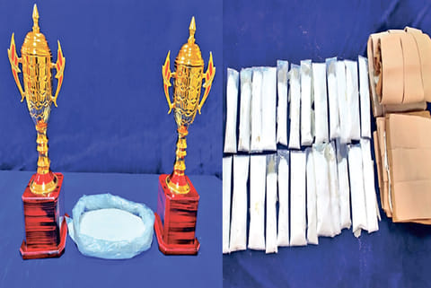 Trophies containing narcotic substances seized at the airport on Tuesday
