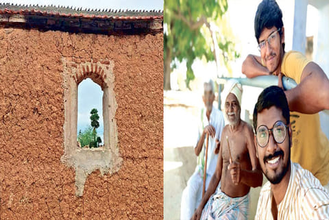 House that is constructed with salliman; Aravind and Bharath (yellow shirt) with villagers