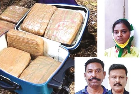 (Top) Punitha; Veerannan and Kadhir (left); 26 kg of ganja seized from the accused