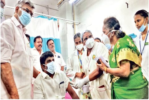 Tamil Nadu Health Minister Dr C Vijaya Baskar takes the second shot of Covaxin at MGMGH in Tiruchy