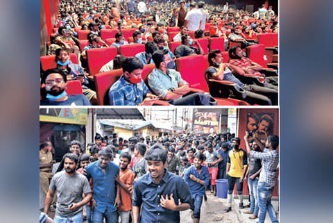 Vetri cinema hall with packed audience (top); Moviegoers sans masks, no social distancing in Madurai