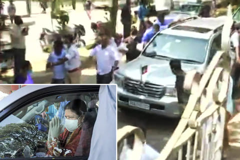 Expelled AIADMK leader VK Sasikala greets her supporters outside the hospital (inset)