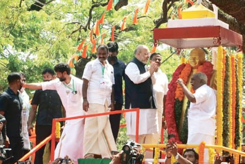 Shah pays floral tribute to Congress veteran and former Chief Minister K Kamaraj in Nagercoil.