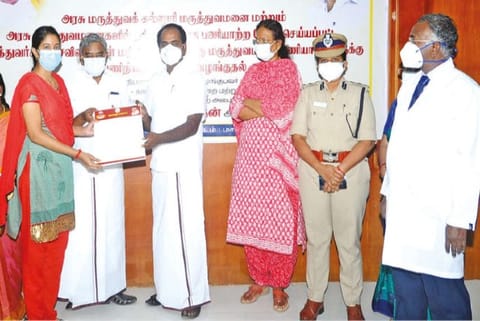 Minister Siva V Meyyappan distributing job orders to candidates in Tiruvarur on Saturday