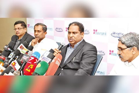 Naruvi Hospital chairman GV Sampath addressing reporters in Vellore on Wednesday