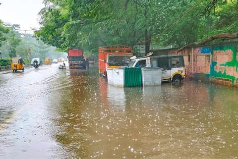 A view of waterlogged Anna Main Road-Jawaharlal Nehru Road Junction