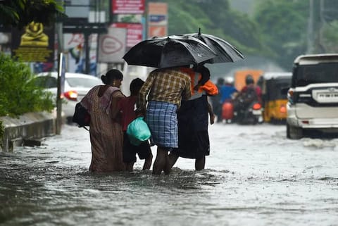 People wading through a flooded road in Chennai (Image credit: PTI)