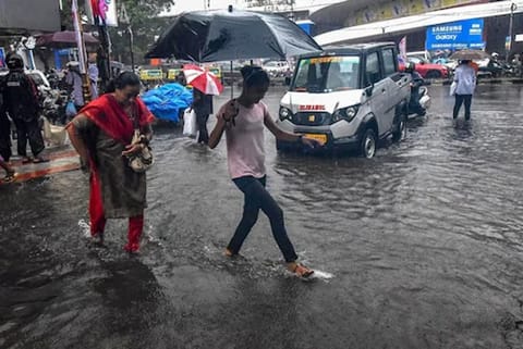 Pedestrians hold umbrellas while trying to cross a street in the heavy rain (Image credit: PTI)