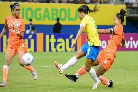 India women's football team in action against Brazil (Image Courtesy: ANI)