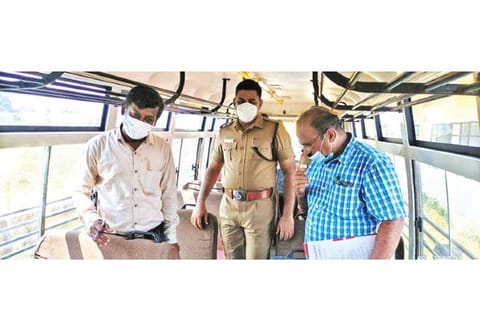 Ariyalur SP K Feroze Khan Abdulla inspecting a school vehicle on Friday