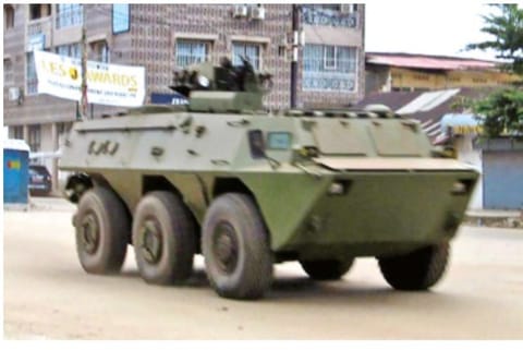 File Photo : An army vehicle is seen at Kaloum neighbourhood during an uprising by special forces in